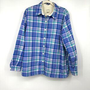 LL Bean Plaid Shacket Fleece Lined Cotton Flannel Shirt Womens Size Large Purple